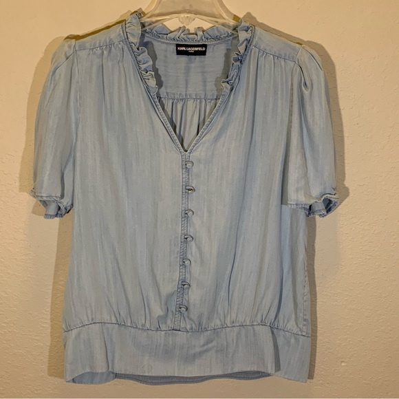 Karl Lagerfeld Paris Light Blue Ruffle Blouse Size M – 100% Lyocell - Picture 1 of 11